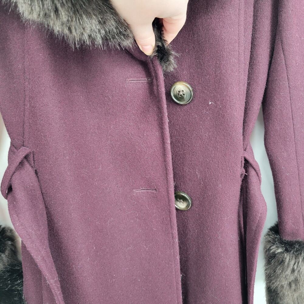 French Connection XS Fur Coat Collar Single Breasted Midi Maxi Purple Wine - Picture 5 of 7